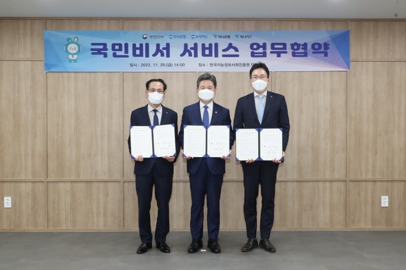 ■사진설명 : 우리은행(은행장 이원덕)과 우리카드(사장 김정기)는 지난 25일 한국정보사회진흥원에서 행안부와 ‘국민비서’ 알림 서비스 업무협약을 체결했다. 우리은행 옥일진 부행장(오른쪽), 행정안전부 한창섭 차관(가운데), 우리카드 김정기 사장(왼쪽)이 협약식을 마치고 기념촬영을 하고 있다. ⓒ타임즈