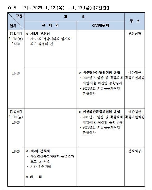 제278회 성남시의회 임시회 의사일정(안) ⓒ타임즈