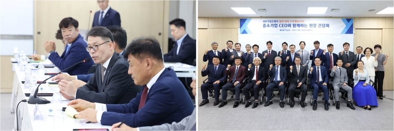 충청지역 중소기업 현장간담회(3) ▲충청지역 중소기업 현장간담회(4) ⓒ타임즈<br>
<사진은 13일 충청남도 천안시 충남북부상공회의소에서 열린 중소기업 현장간담회에서 김성태 IBK기업은행장이 중소기업 대표들과 대화하고 있는 모습><br>
<사진은 13일 충청남도 천안시 충남북부상공회의소에서 열린 중소기업 현장간담회에서 김성태 IBK기업은행장(앞줄 오른쪽에서 네 번째), 임문택 IBK기업은행 기업고객그룹장(뒷줄 왼쪽에서 첫 번째), 송민희 충청지역본부장(뒷줄 오른쪽 첫 번째) 및 중소기업 대표들이 행사를 마치고 기념촬영을 하고 있는 모습>