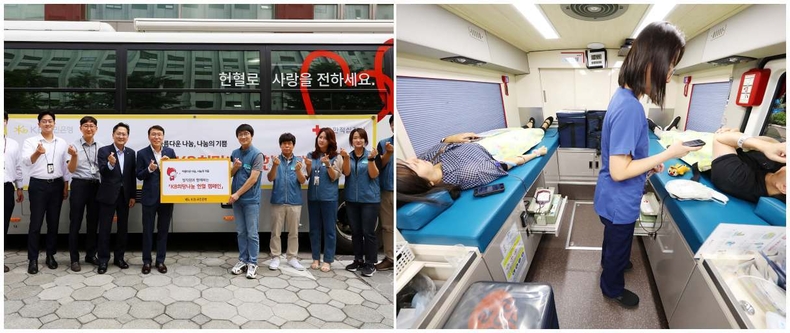 (보도사진1)KB국민은행, 임직원과 함께하는「KB희망나눔 헌혈 캠페인」실시 ▲(보도사진2)KB국민은행, 임직원과 함께하는「KB희망나눔 헌혈 캠페인」실시<br>
사진설명1) 15일 서울 여의도에 위치한 KB국민은행 본관에서 열린 KB희망나눔 헌혈 캠페인에서 김재관 KB국민은행 부행장(좌측 5번째)과 정훈영 노동조합 KB국민은행지부 수석부위원장(좌측 6번째) 및 KB국민은행 관계자들이 기념촬영을 하고 있다.<br>
사진설명2) 15일 서울 여의도에 위치한 KB국민은행 본관에서 열린 KB희망나눔 헌혈 캠페인에 참여한 KB국민은행 직원들이 헌혈을 하고 있다.