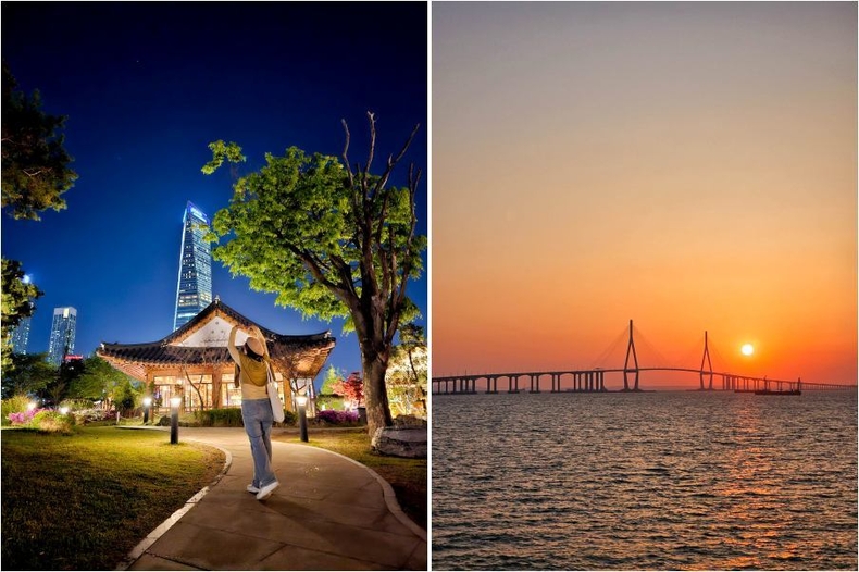 1. 송도센트럴파크 한옥마을 앞 ▲2. 랜드마크시티1호 수변공원에서 바라본 인천대교 ⓒ타임즈