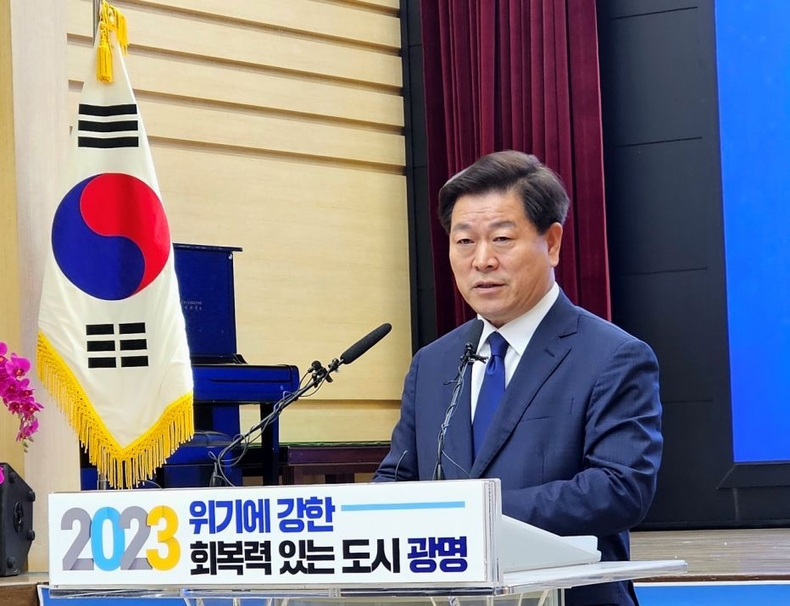 박승원 광명시장은 3일 오전 민선8기 1주년 기자회견 사진 ⓒ타임즈