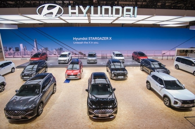 지난 8월 10~20일(현지시간) 열린 인도네시아국제모터쇼(GIIAS) 2023의 현대차 부스에 다양한 현지 판매 차량이 전시되고 있다. ⓒ타임즈 
