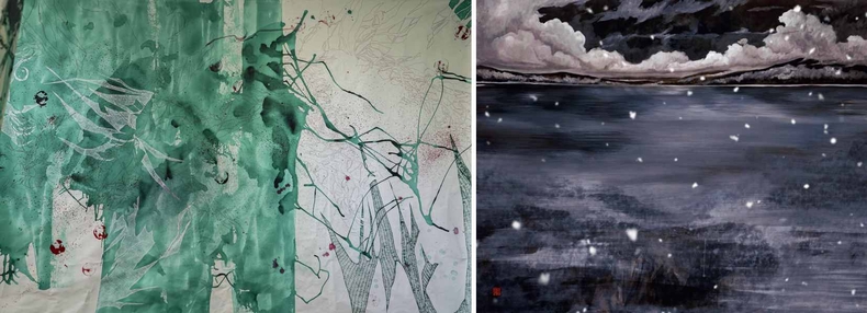 김수연(시로), 언어중립지대 #2_900x160cm_캔버스 천에 아크릴, 펜, 2023 ▲문화인, 어떤 날, 겨울(冬)_장지에 채색_130.3 x 162.2(cm), 2023