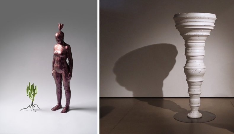 양광식, 유기체 Resins, steel, 우레탄도장, 45x20x75cm, 2022 ▲한광우, 니케 기둥과 7개의 고리 (Column of Nike and 7 Rings), plaster, 200x84x84cm, 2020
