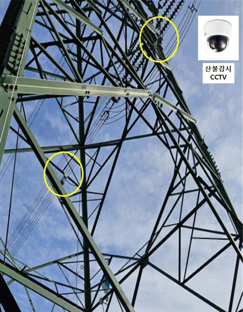 (보도사진1)_시범철탑에 설치된 산불감시용 cctv(노란색 원안쪽) 및 확대 이미지 ⓒ타임즈