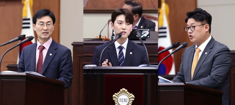 <사진설명: 왼쪽부터 김성주·박재형·유지웅 의원이 전성수 서초구청장을 상대로 구정질문을 하고 있다.> ⓒ타임즈