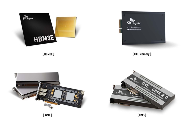 SK하이닉스 CES 2024 전시 제품 (왼쪽부터 시계 방향으로) ▲HBM3E ▲CXL Memory ▲CMS ▲AiMX ⓒ타임즈