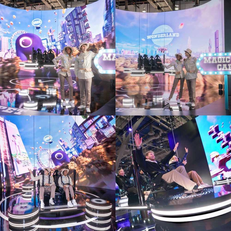 CES 2024 SK그룹 전시관에서 UAM을 형상화 한 ‘매직 카펫’에 탑승해 SKT의 AI 기반 친환경 미래교통체계를 체험하는 모습 ⓒ타임즈