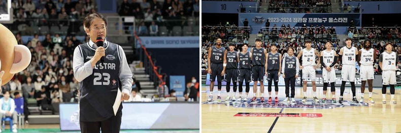 3.고양시에서 최초로 개최된 올스타전 ‘2023-2024 프로농구 올스타전’에서 축사 중인 이동환 고양특례시장 ⓒ타임즈<br>
4. 이동환 고양특례시장과 선수단 (주DB의 김주성 감독과 창원 LG의 조상현 감독이 꾸린 선수단)