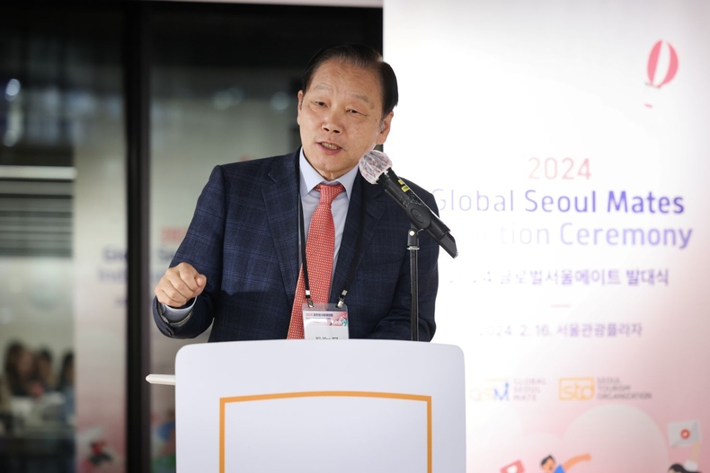 (사진1) 서울관광재단 길기연 대표이사가 2024년 글로벌서울메이트 발대식에서 환영사를 전하고 있다. ⓒ타임즈