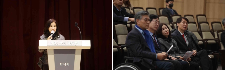 사진2. 축사하는 김경희 화성시의장 ▲사진3. 공무원 노조 이취임식에 참석한 의장과 의원(왼쪽부터 이용운 의원,<br>
정명근 화성 시장, 김경희 화성시의회 의장, 송선영 의원)