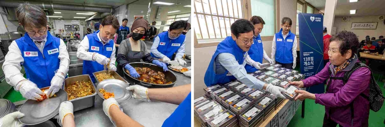 사진 2. HD현대1%나눔재단의 ‘행복한끼 13호점’ 개소식 참석자들이 배식 봉사활동을 실시하고 있다(왼쪽 첫번째 금석호 HD현대1%나눔재단 사무국장, 두번째 강임준 군산시장, 네번째 신영대 국회의원)<br>
사진 3. HD현대1%나눔재단의 ‘행복한끼 13호점’ 개소식 참석자들이 지역 어르신들께 기념떡을 나눠드리고 있다(왼쪽부터 신영대 국회의원, 강임준 군산시장, 금석호 HD현대1%나눔재단 사무국장)