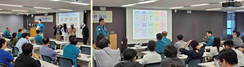 (사진2) IPA 임직원들이 방독면 착용 실습을 하고 있다 ▲(사진3) IPA 이경규 사장이 민방위 훈련을 마치고 소감을 발표하고 있다 ⓒ타임즈<br>
= IPA 임직원들이 민방위 훈련을 하고 있다 / 사진제공 = 인천항만공사