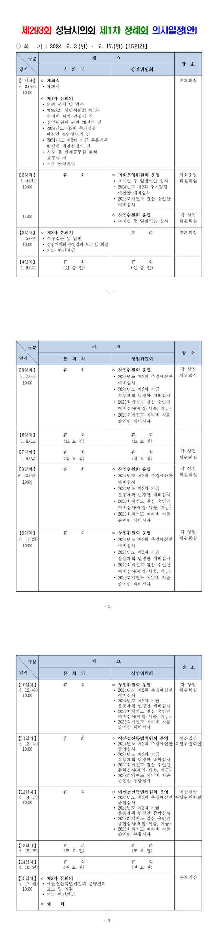 제293회 성남시의회 제1차 정례회 의사일정(안)