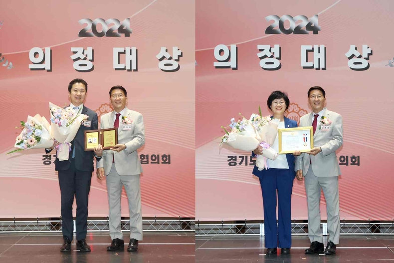 사진3 설명: 안산시의회 송바우나 의장(사진 맨 왼쪽)과 박은경 의회운영위원장(사진 오른쪽에서 두번째)이 지난 7일 ‘2024 의정대상 시상식’에서 각각 의정대상과 대한민국지방의정봉사상을 수상했다(3) ⓒ타임즈