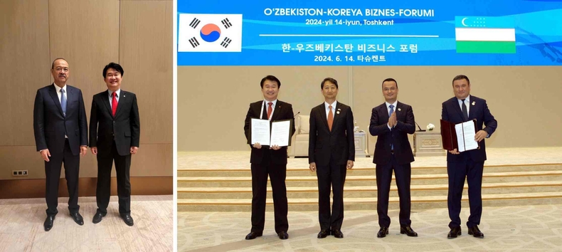 3. 왼쪽 아리포프 우즈베키스탄 총리 - 정용기 한난 사장 ▲4. 왼쪽부터 정용기 한난 사장 – 안덕근 산업통상자원부 장관 – 쿠드라토프 투자산업톻상부 장관 - 미르자마무도프 에너지부 장관 ⓒ타임즈