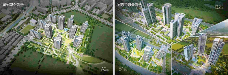 하남교산 A2BL 조감도 ▲남양주왕숙 B1, B2, A3 BL 조감도 ⓒ타임즈