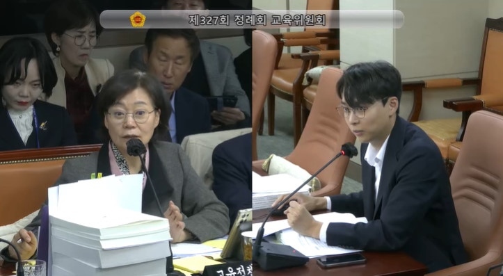 서울시의회 교육위원회 소속 정지웅 의원이 지난 11월 8일 행정사무감사 교육위원회 교육정책국 2일차 회의에서 주소연 교육정책국장을 상대로 질의하고 있다. ⓒ타임즈 