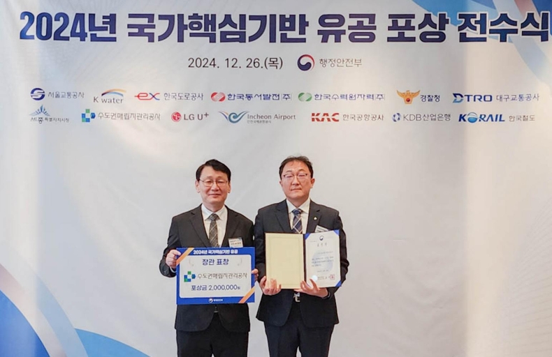 2024년 국가핵심기반 행정안전부 장관상 수상 ⓒ타임즈<br>
사진 왼쪽부터 행정안전부 홍종완 사회재난실장 , 수도권매립지관리공사 정성훈 재난안전부장