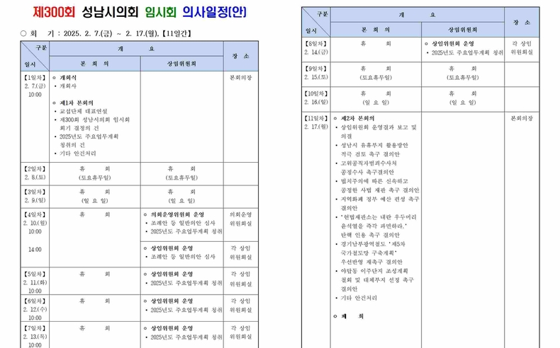 제300회 성남시의회 임시회 의사일정(안) ⓒ타임즈