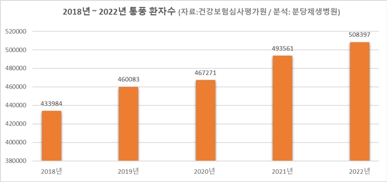 2018년~2022년 통풍 환자수(자료: 건강보험심사평가원/ 분석:분당제생병원) ⓒ타임즈 