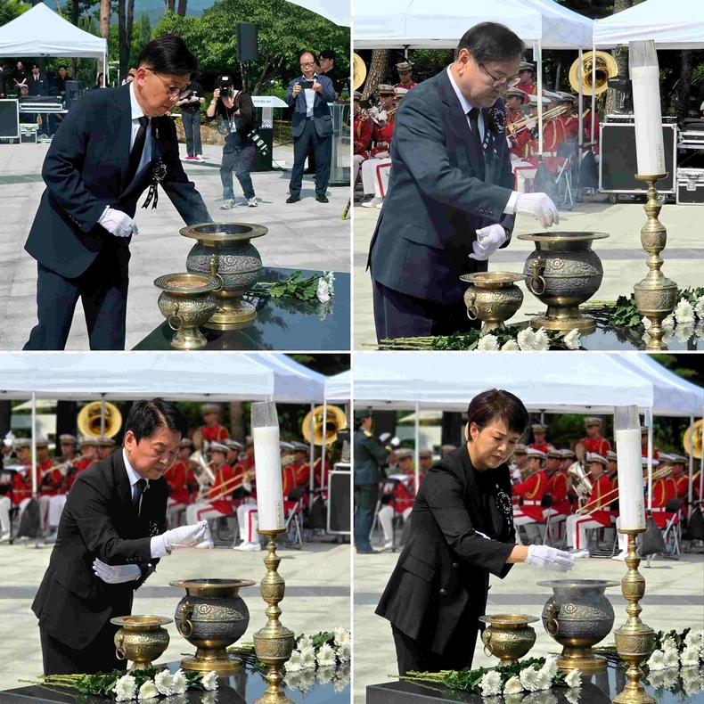 성남시, 제70회 현충일 추념식 개최 사진(3) ⓒ타임즈<br>
사진 설명 : 성남시의회 직무대리 안광림 부의장, 김태년·안철수·김은혜 국회의원이 헌화·분양 및 추념를 하고 있다.