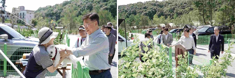 3. 신상진 성남시장과 안광림 성남시의회 부의장 및 시 관계자들이 오토캠핑장 현장을 시찰하고 있다.<br>
4. 신상진 성남시장이 오토캠핑장 반려견 동반 사이트에 반려견과 함께 방문한 시민과 인사를 나누고 있다.