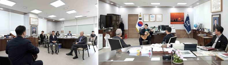 2. 신상진 성남시장을 비롯한 위촉식 참가자들이 클래식 기타 연주자 지익환 씨의 올 오브 미 편곡 연주를 감상하고 있다<br>
3. 위촉식에서 클래식 기타 연주자 지익환 씨가 ‘올 오브 미’를 편곡하여 연주하며 깜짝 이벤트를 선보이고 있다.