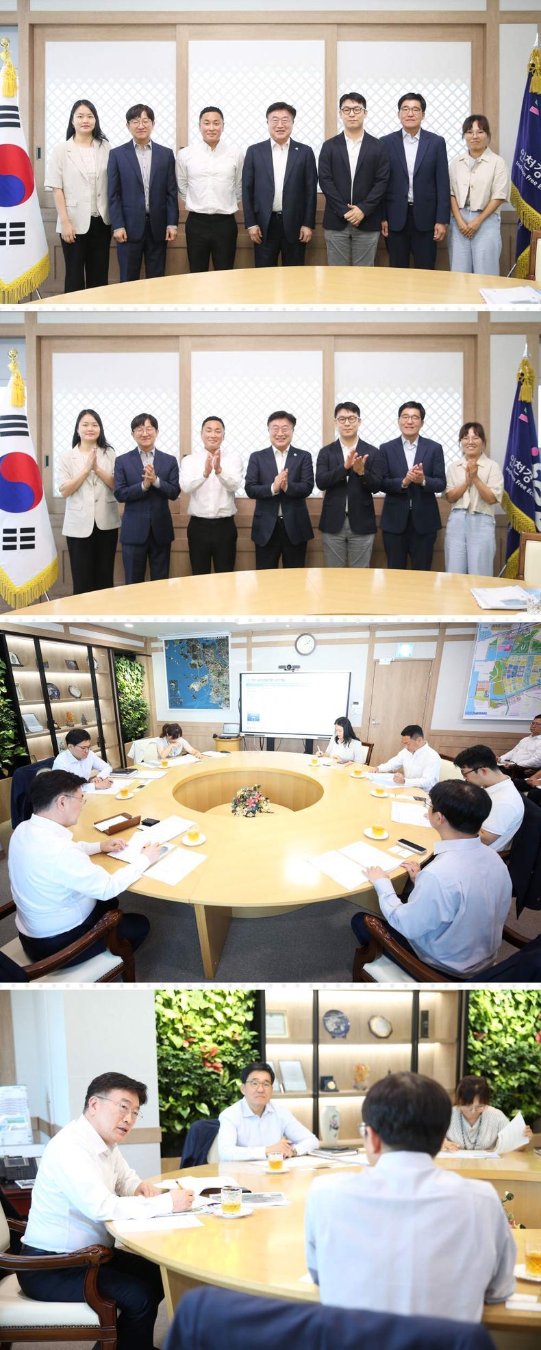 인물 설명 : : (단체사진, 왼쪽부터) 유혜원 ITP 벤처투자지원센터장, 박문수 인라이트벤처스 대표이사, 이종훈 더프라자 대표이사, 윤원석 인천경제자유구역청장, 김영진 테솔로 대표이사, 박성진 투자유치사업본부장, 손혜영 혁신성장도시과장 