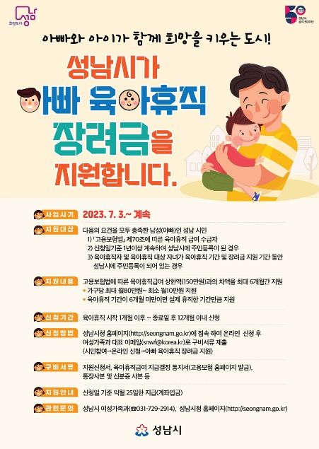 성남시 '아빠 육아휴직 장려금' 월 10만~80만원 지급