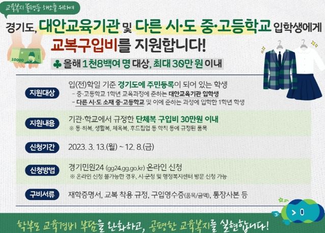 경기도-안성시, 대안교육기관 등 다른 시·도 중·고등학교 입학생 교복비 지원