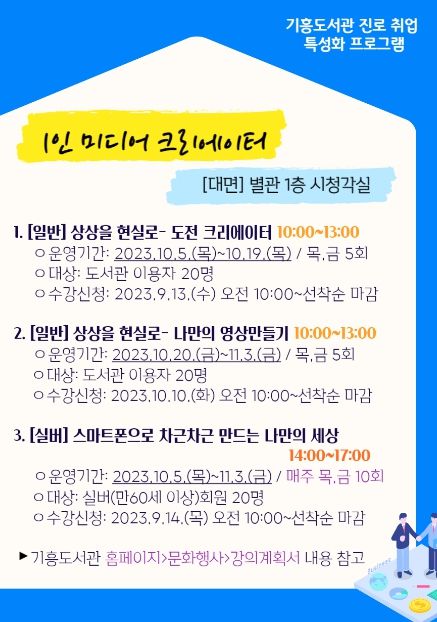 기흥도서관이 마련한 '상상을 현실로 -1인 미디어 크리에이터' 프로그램 홍보 포스터
