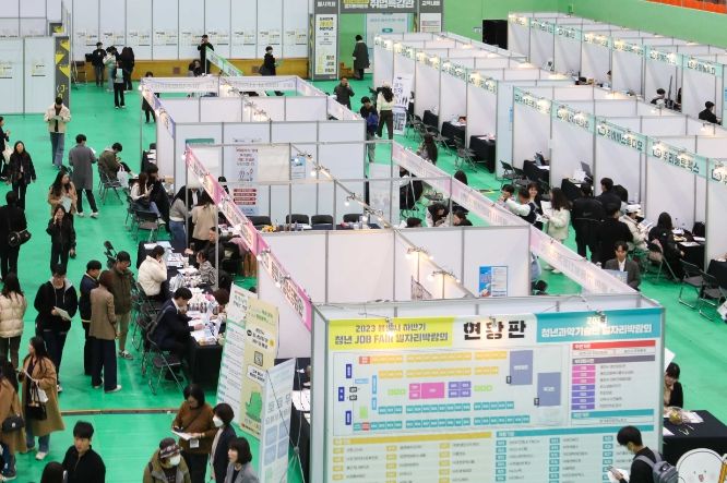 8일 단국대 죽전캠퍼스 체육관에서 열린 '2023 용인특례시 하반기 일자리박람회 청년 JOB FAIR'에 구직자 600여명이 몰렸다