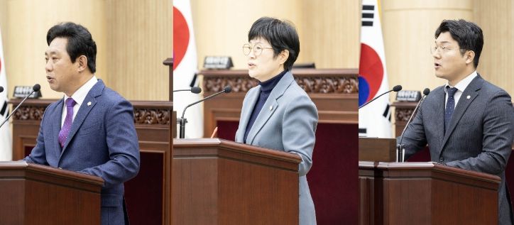 안산시의회가 14일 제286회 제2차 정례회 제2차 본회의를 열어 시정질문 및 5분 자유발언을 실시했다. 사진 왼쪽부터 차례대로 시정질문에 나선 한갑수 박은경 의원과 5분 자유발언을 진행한 최진호 의원의 모습.