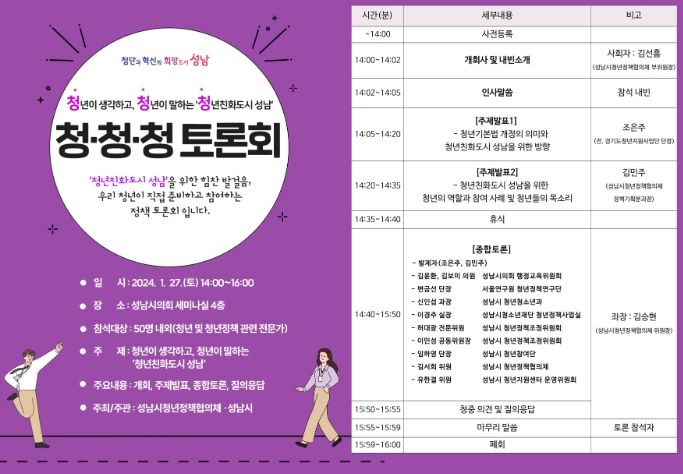 성남시 ‘청년친화도시 성남’ 27일 청·청·청 토론회 개최
