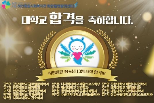 광명시 하안종합사회복지관 희망플랜광명센터 참여...청소년, 대학교 합격하며 자립을 위한 첫걸음 내디뎌