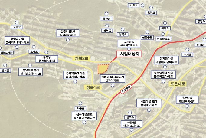 용인특례시가 '복합문화센터' 건립을 진행 중인 수지구 성복동 177번지 일원 사업대상지 지도
