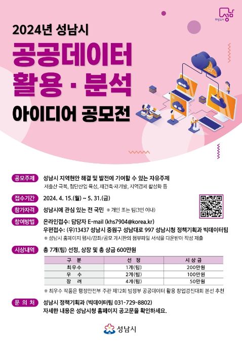 성남시, 공공데이터 활용·분석 아이디어 공모…내달 31일까지