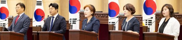 안산시의회가 27일 제290회 제1차 정례회 제2차 본회의를 열고 시정질문과 5분 자유발언을 실시했다. 사진 왼쪽부터 차례대로 시정질문에 임한 이대구 최진호 의원, 5분 자유발언을 한 현옥순 김유숙 박은정 의원.