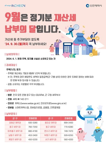 인천시, “9월은 재산세 납부의 달, 잊지 말고 납부하세요.”