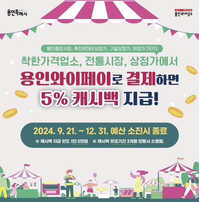 전통시장, 상점가 이용시 용인와이페이 추가 캐시백 5% 지급 홍보 배너