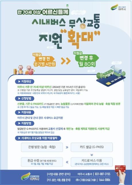 여주시, 70세 이상 어르신 시내버스 무상교통 지원 확대