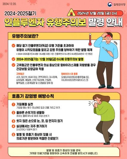 2024-2025절기 인플루엔자 유행주의보 발령 안내문.