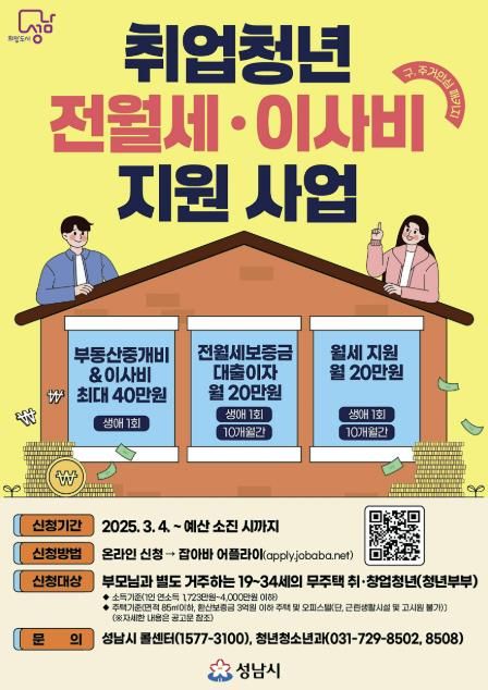 성남시, 취업 청년 전월세·이사비 지원…온라인 신청받아