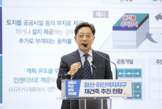 장병국 신도시개발국장이 9일 오전 시청 중회의실에서 열린 정책브리핑에서 '철산·하안택지지구 재건축 사업 추진 현황'에 대해 설명하고 있다.