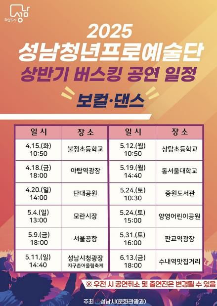 성남시 청년프로예술단 거리공연 일정 안내 포스터