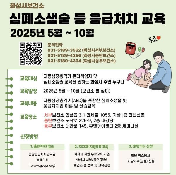 화성특례시 심폐소생술 등 응급처치 교육 안내 포스터