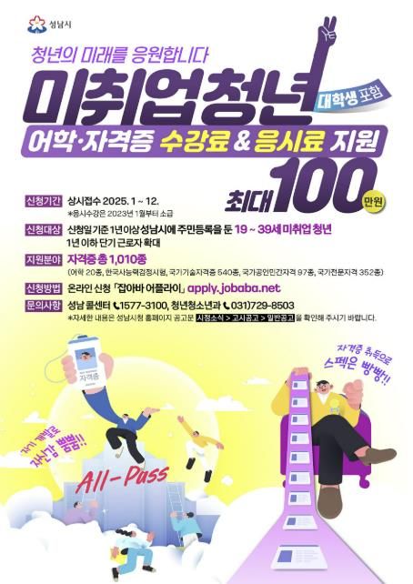 성남시, 미취업 청년 어학·자격증 학원 수강료& 시험 응시료 지원 사업 안내 포스터