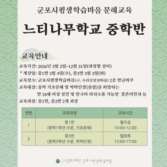 군포문화재단, 2026학년도 문해교육 느티나무학교 개강